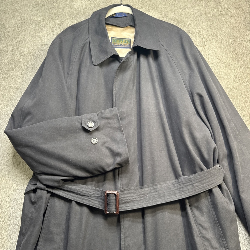 Vintage Black Belted Trench Coat Classic Minimalist Men's 44L Ralph Lauren Chaps